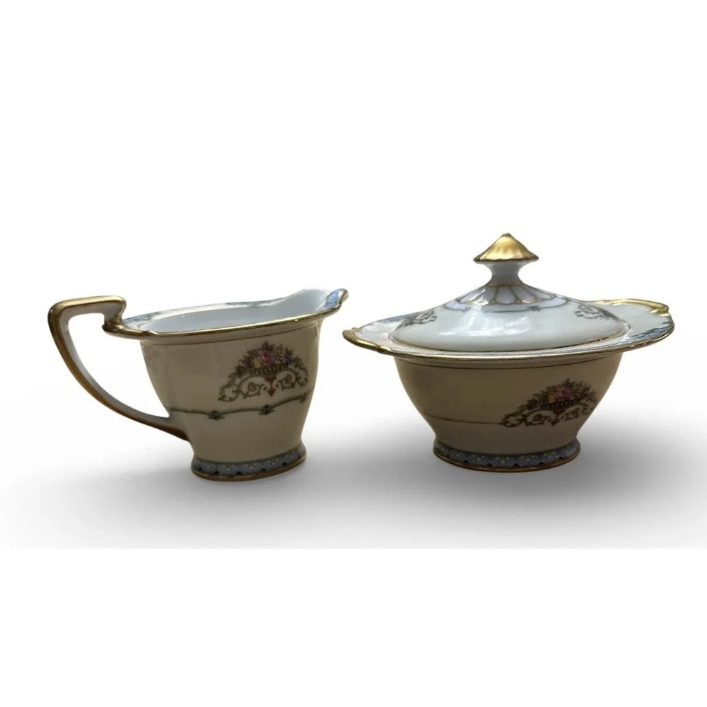 Noritake Creamer and Lidded Sugar Bowl Favorita Fine Gold Rim Vintage Japan